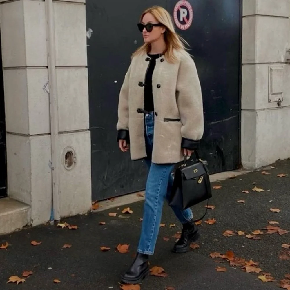 Mango Cream Teddy Jacket with Black Accents - Picture 2 of 12
